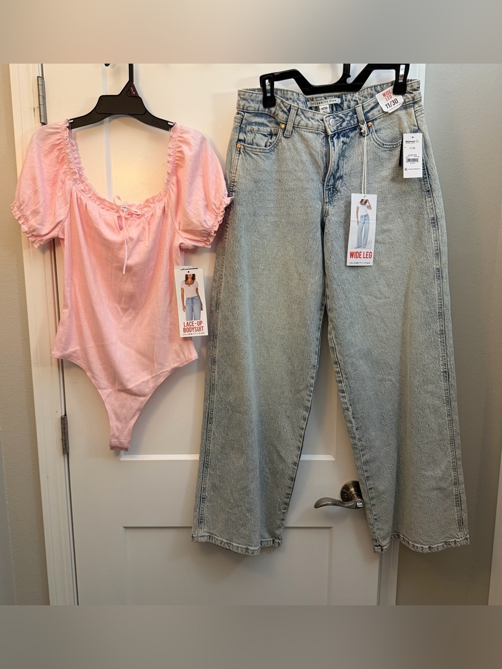 Celebrity Pink Lace-Up Puff Sleeve Bodysuit and wide leg jeans set - NWT